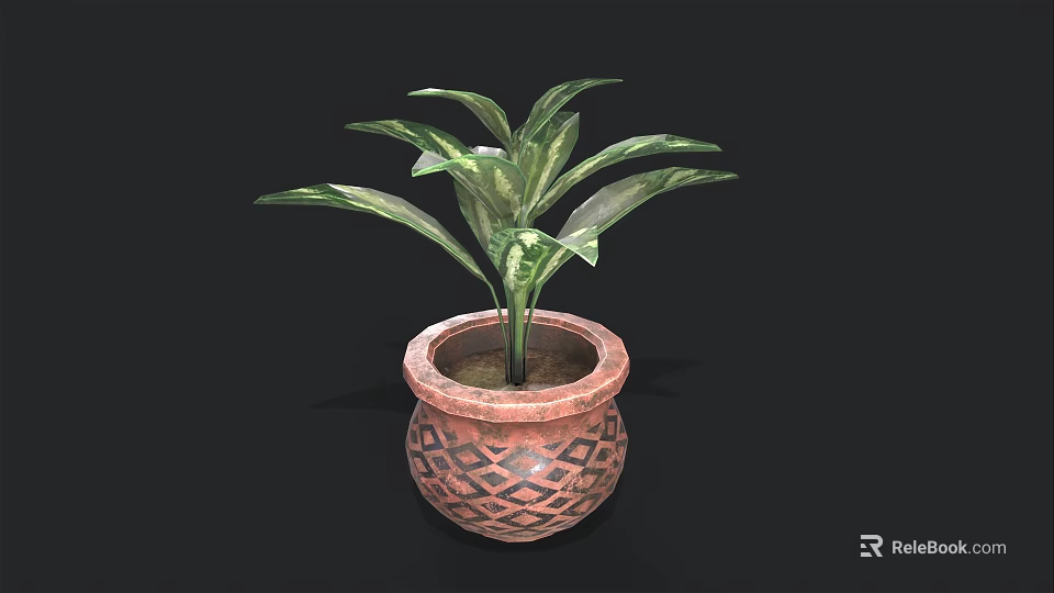 Indoor Green Leaf Plant in Brown Ceramic Pot with Geometric Patterns 3d model 