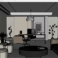 Modern Office Interior Design With Sofa Desk Plants And Floor To Ceiling Windows 3d model