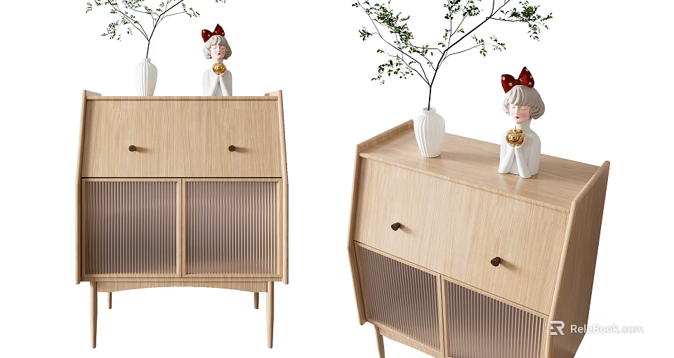 Modern Wooden Sideboard With Ribbed Doors Drawers And Decorative Vase Statue 3d model 