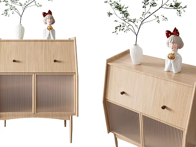 Modern Wooden Sideboard With Ribbed Doors Drawers And Decorative Vase Statue 3d model
