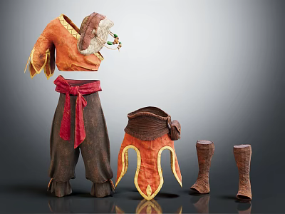 Orange Brown Traditional Outfit With Red Belt Fur Trim And Leggings 3d model