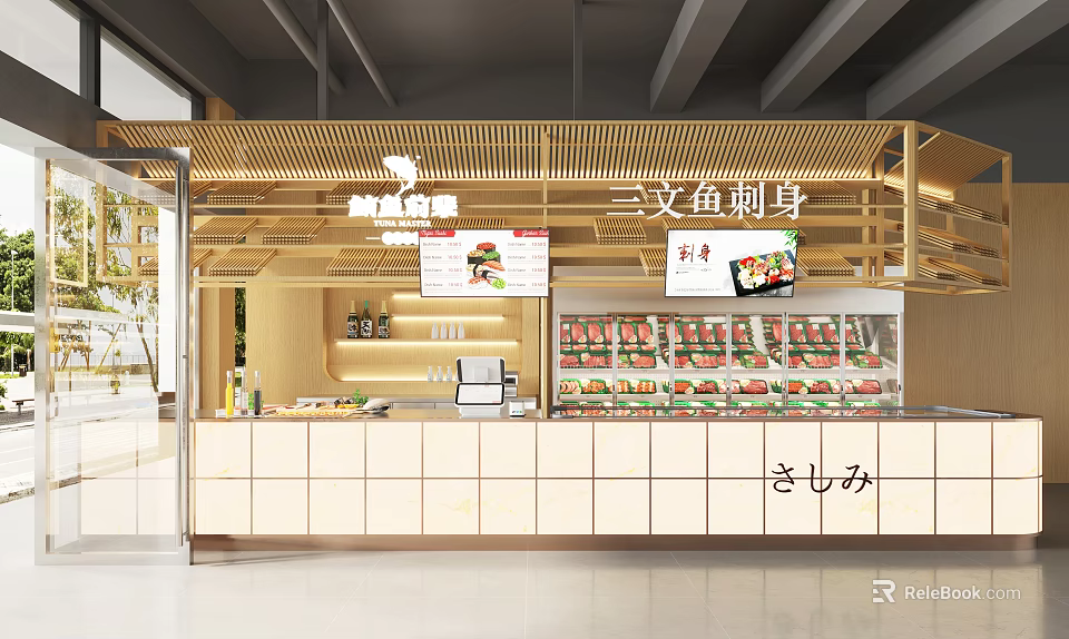 Modern Japanese Restaurant Interior With Fresh Salmon Sashimi Sushi Display Counter And Ingredients 3d model 