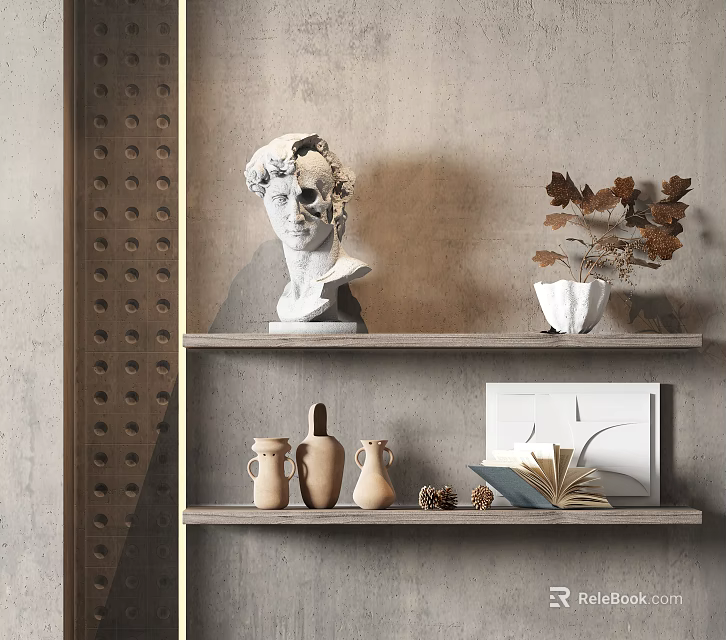 Decorative Ornament Set With Wooden Shelves White Plaster Bust Ceramic Jars Dried Leaves Open Book 3d model 