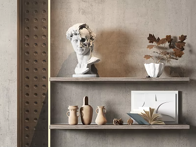 Decorative Ornament Set With Wooden Shelves White Plaster Bust Ceramic Jars Dried Leaves Open Book 3d model