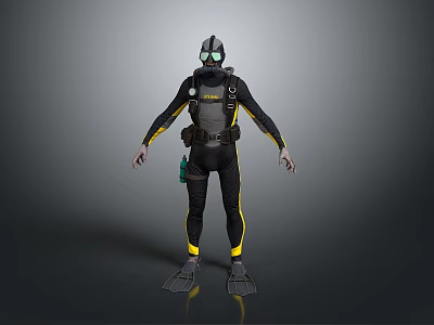 Diving Suit Character With Black Yellow Design Helmet Breathing Apparatus And Flippers 3d model