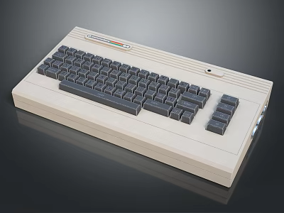 Vintage Computer Keyboard With Wooden Base And Black Retro Design Keys 3d model