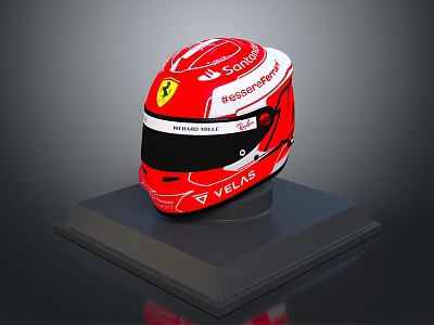 Red Ferrari Racing Helmet With Santander Text And VELAS Brand On Black Base Stand 3d model