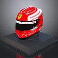 Red Ferrari Racing Helmet With Santander Text And VELAS Brand On Black Base Stand