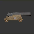 Vintage Metal Cannon with Wooden Carriage and Iron Wheels as Historical Weapon Piece