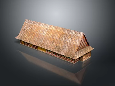 Traditional Building With Thatched Roof Long Wooden Structure And Glass Windows 3d model