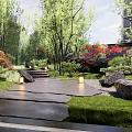 Rockery Stones In Serene Pool With Tree Reflections And Greenery