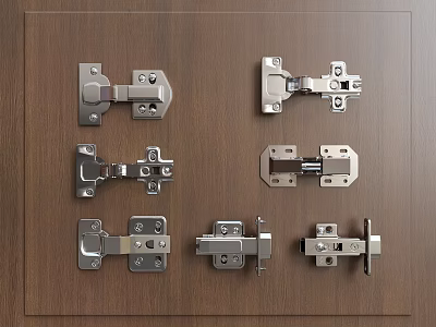 Different Types of Stainless Steel Cabinet Door Hinges on Wooden Background 3d model