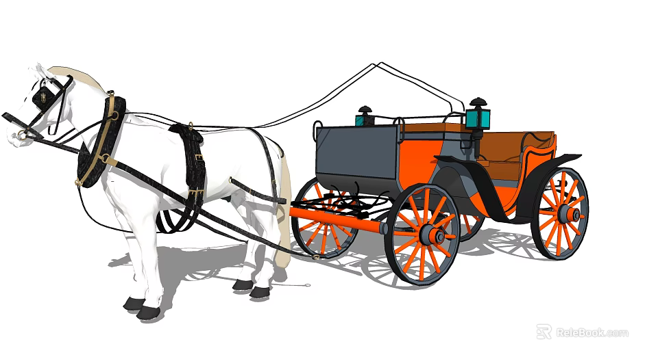 Elegant Vintage Horse drawn Carriage With White Horse Orange Black Body And Spoked Wheels 3d model 