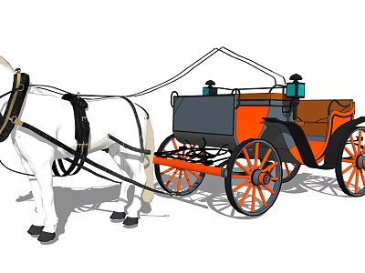 Elegant Vintage Horse drawn Carriage With White Horse Orange Black Body And Spoked Wheels 3d model