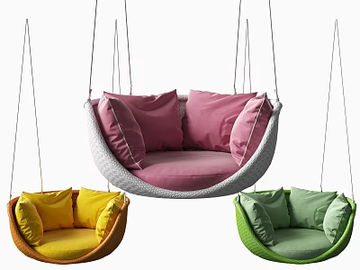 Stylish Woven Hanging Chairs With Pink Yellow Green Cushioned Seats 3d model