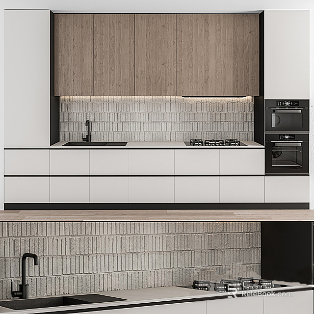 Modern Kitchen Interior With White And Wooden Cabinets Countertop Sink And Oven 3d model 