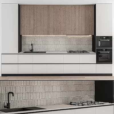 Modern Kitchen Interior With White And Wooden Cabinets Countertop Sink And Oven 3d model