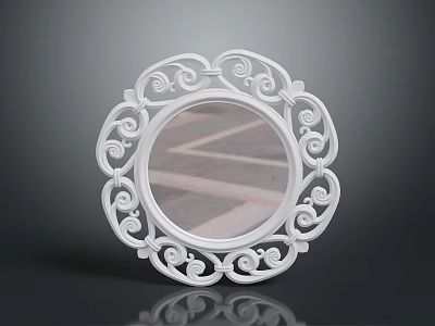 White Circular Decorative Mirror With Intricate Carved Frame For Home Decoration 3d model