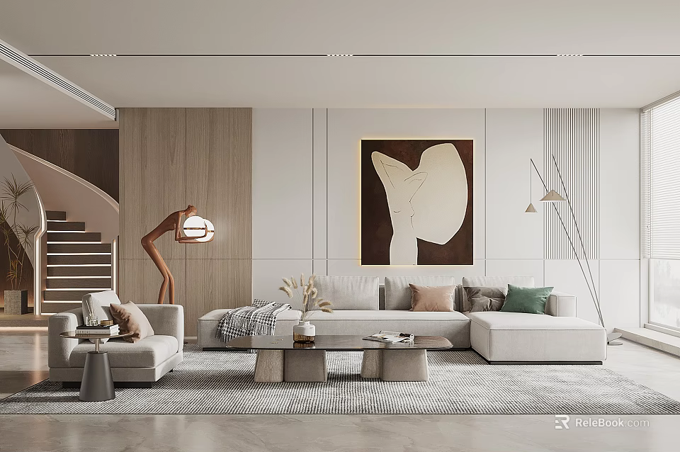 Modern Living Room Interior Design With Sectional Sofa Artwork Coffee Table And Floor Lamp 3d model 