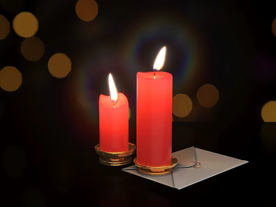 Warm Lit Red Candles With Small Card On Black Background Surrounded By Bokeh Lights 3d model