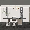 Modern Home Office Interior With Wooden Desk Laptop Bookshelves And Hanging Lights