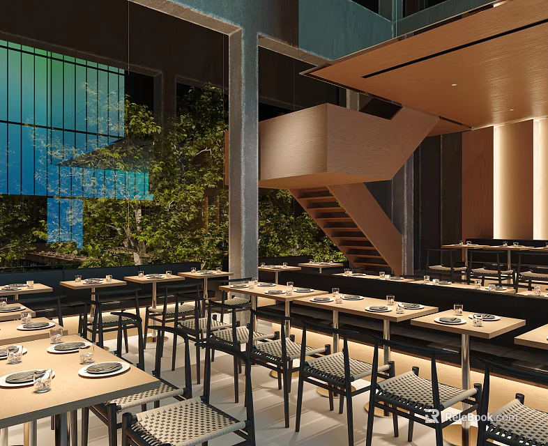 Contemporary Restaurant Interior With Wooden Tables Black Chairs And Greenery View 3d model 