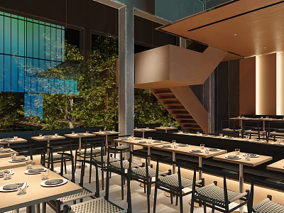 Contemporary Restaurant Interior With Wooden Tables Black Chairs And Greenery View 3d model