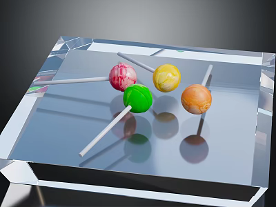 Colorful Lollipops With White Sticks Neatly Arranged On Transparent Crystal Tray 3d model