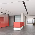 Elevator Corridor Featuring Red Reception Desk Red Walls Gray Carpet Recessed Lights And GUANGQI Sign