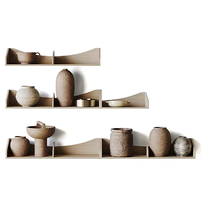 Ceramic Vessels Displayed on Wooden Shelves with Various Shapes and Natural Tones 3d model