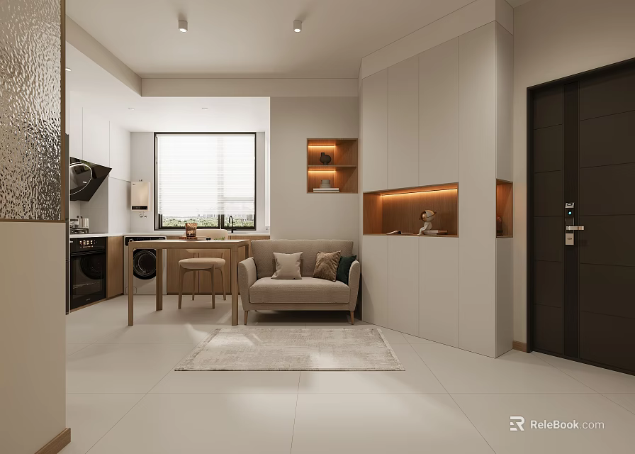 Modern Living and Dining Room Interior Design With Open Concept Sofa Dining Table And Cabinets 3d model 