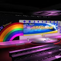 Colorful Stage Setup With Rainbow Decoration Large Screen And Audience Seats