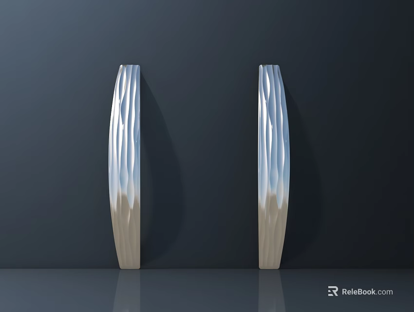 Silver Wave Textured Chandeliers On Dark Background Wall With Floor Reflection 3d model 