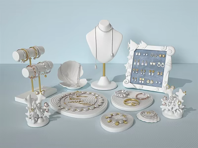 Luxury Fashion Jewelry Set With Elegant Necklace Gold Bracelets Diamond Earrings And Pearl Rings 3d model