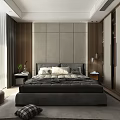 Modern Bedroom Interior With Large Bed Nightstands Window Curtains And Wardrobes