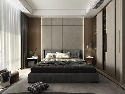 Modern Bedroom Interior With Large Bed Nightstands Window Curtains And Wardrobes 3d model