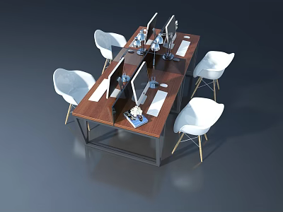 Modern Office Workspace With Wooden Table White Chairs And Computer Monitors 3d model