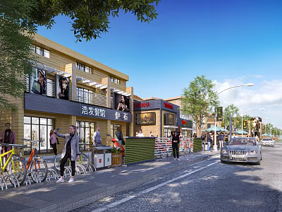 Vibrant Modern Commercial Street With Pedestrians Bicycles Cars And Storefront Signs 3d model
