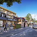 Vibrant Modern Commercial Street With Pedestrians Bicycles Cars And Storefront Signs