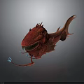 Red Mythical Fish Like Creature With Sharp Teeth Long Tail And Glowing Blue Appendages 3d model