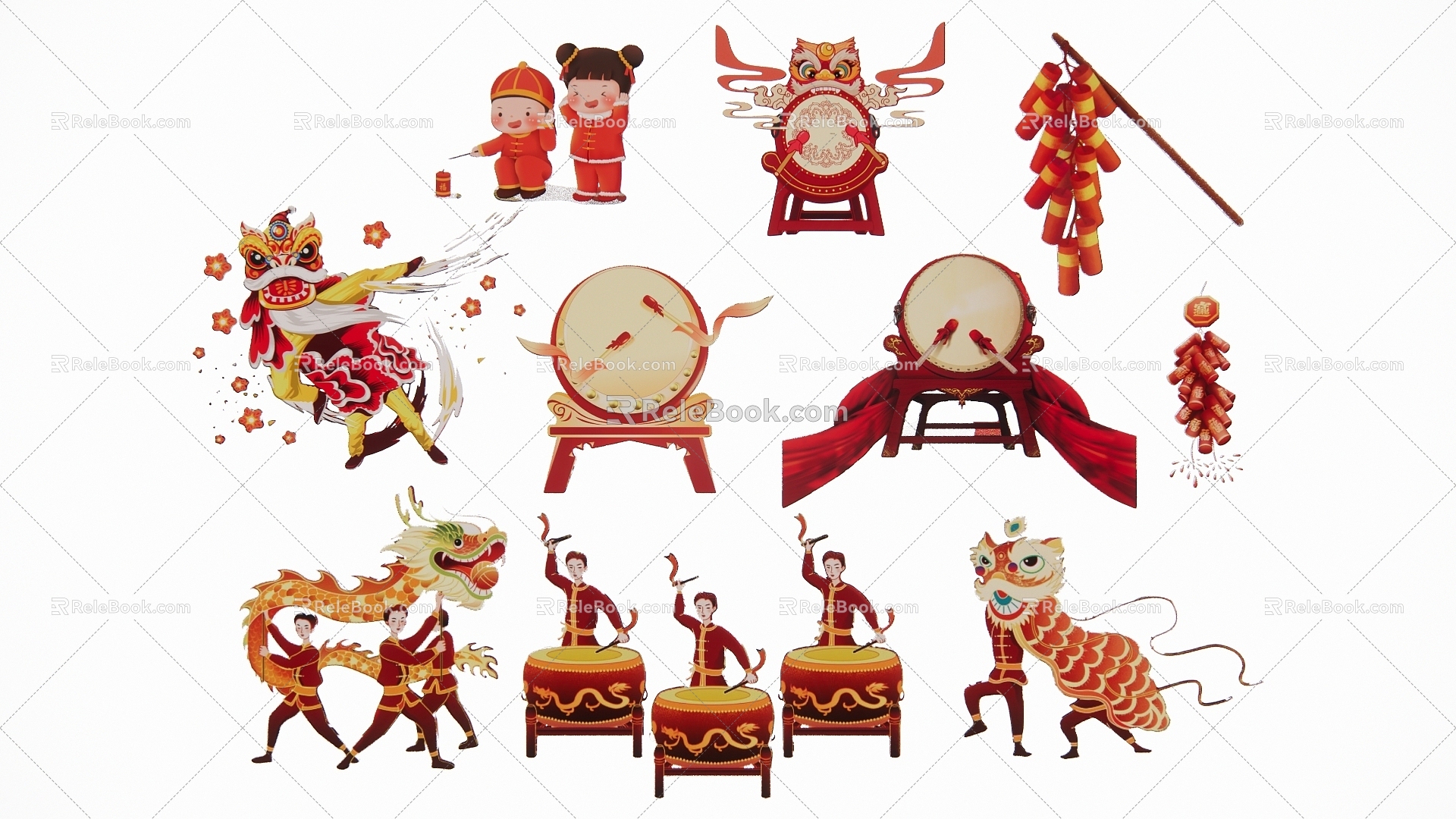 2D Dragon Dance Lion Firecracker Silhouette model