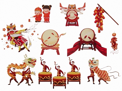 2D Dragon Dance Lion Firecracker Silhouette model