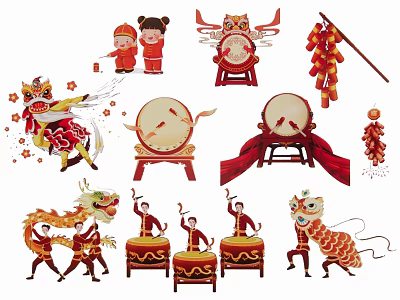 Chinese New Year Hanging Decorations With Dragon Lion Dance Drums And Firecrackers 3d model