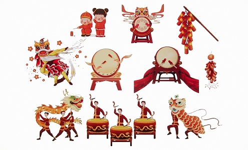 2D Dragon Dance Lion Firecracker Silhouette 3d model