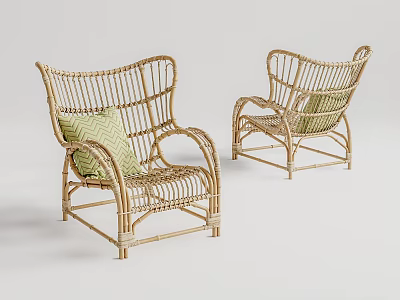 Two Cozy Wicker Lounge Chairs With Natural Rattan Frame And Green Cushions 3d model