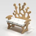 Abstract Shaped Sofa Featuring Wooden Structure Irregular Holes and Curved Design with Floral Cushion