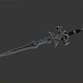Ornate Fantasy Sword with Blue Glowing Blade Red Decorative Hilt Metallic Accents and Intricate Details