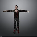 3D Character Model Standing With Arms Outstretched In Black Jacket Red Lining And Arm Tattoo