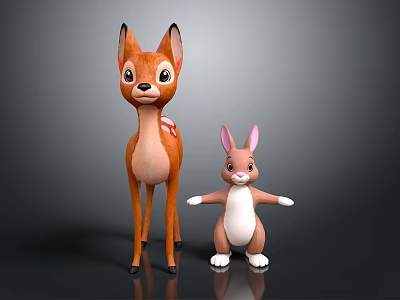 Cute Cartoon Deer and Rabbit Characters Standing Together with Open Arms 3d model