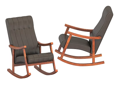 Comfortable Rocking Chair With Wooden Frame And Dark Leather Cushion Design 3d model